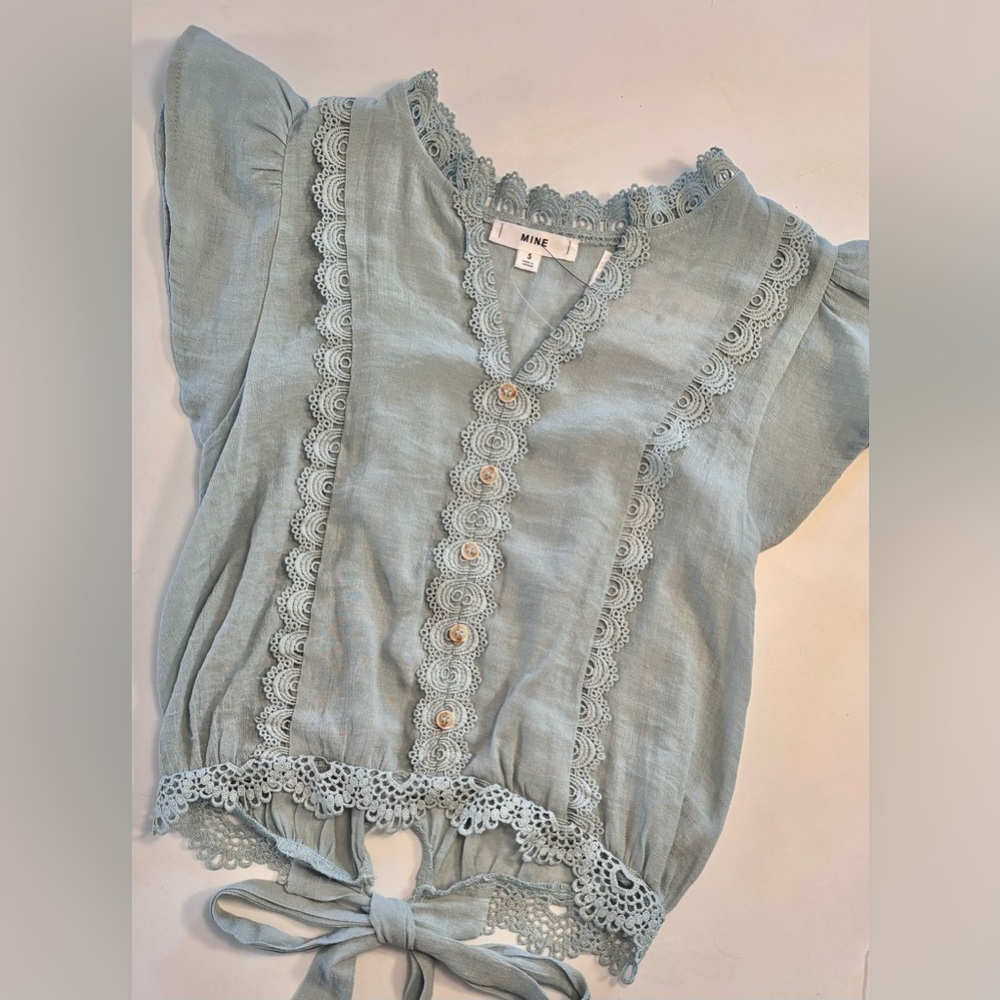 mine Light Blue Lace-Trim Tie-Front Blouse